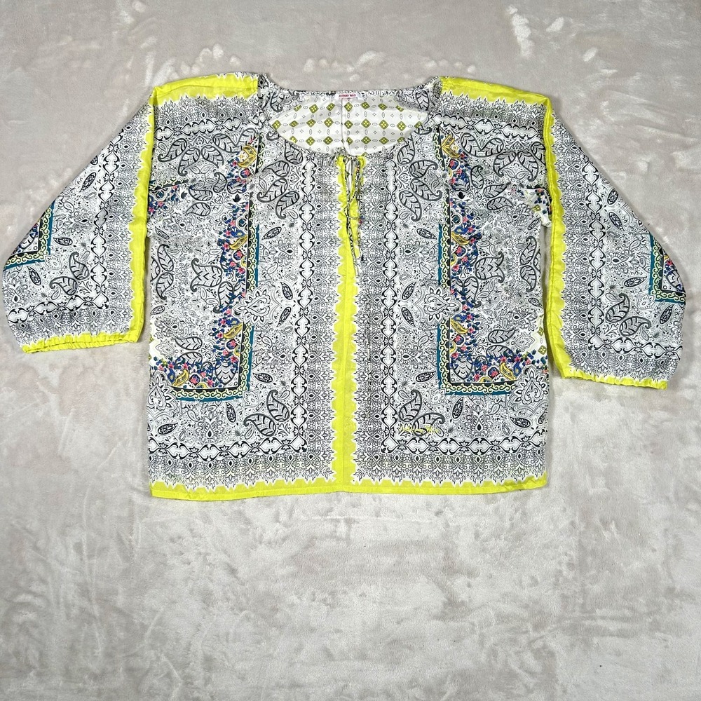 Johnny Was Shirt Womens Mediu White Floral Silk 3/4 Sleeve Top Paisley Geometric